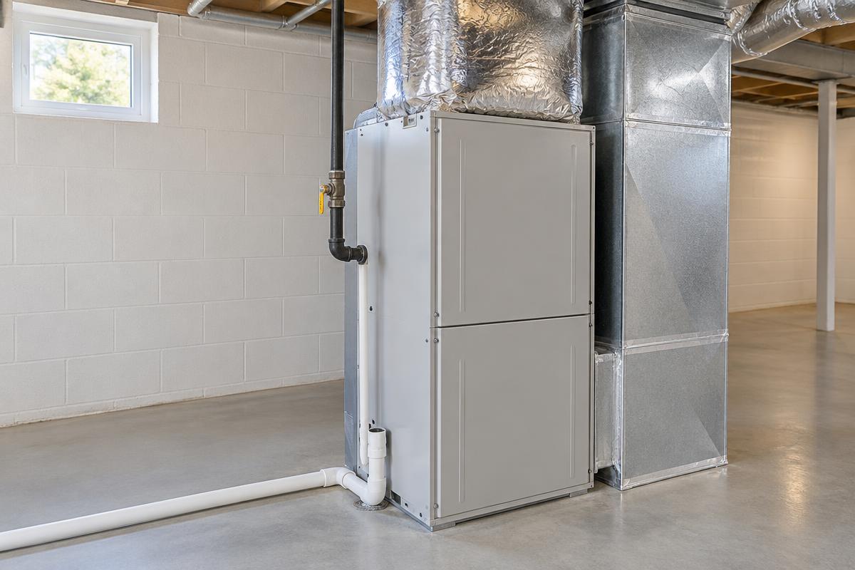 Residential gas furnace installed in a Colorado home basement